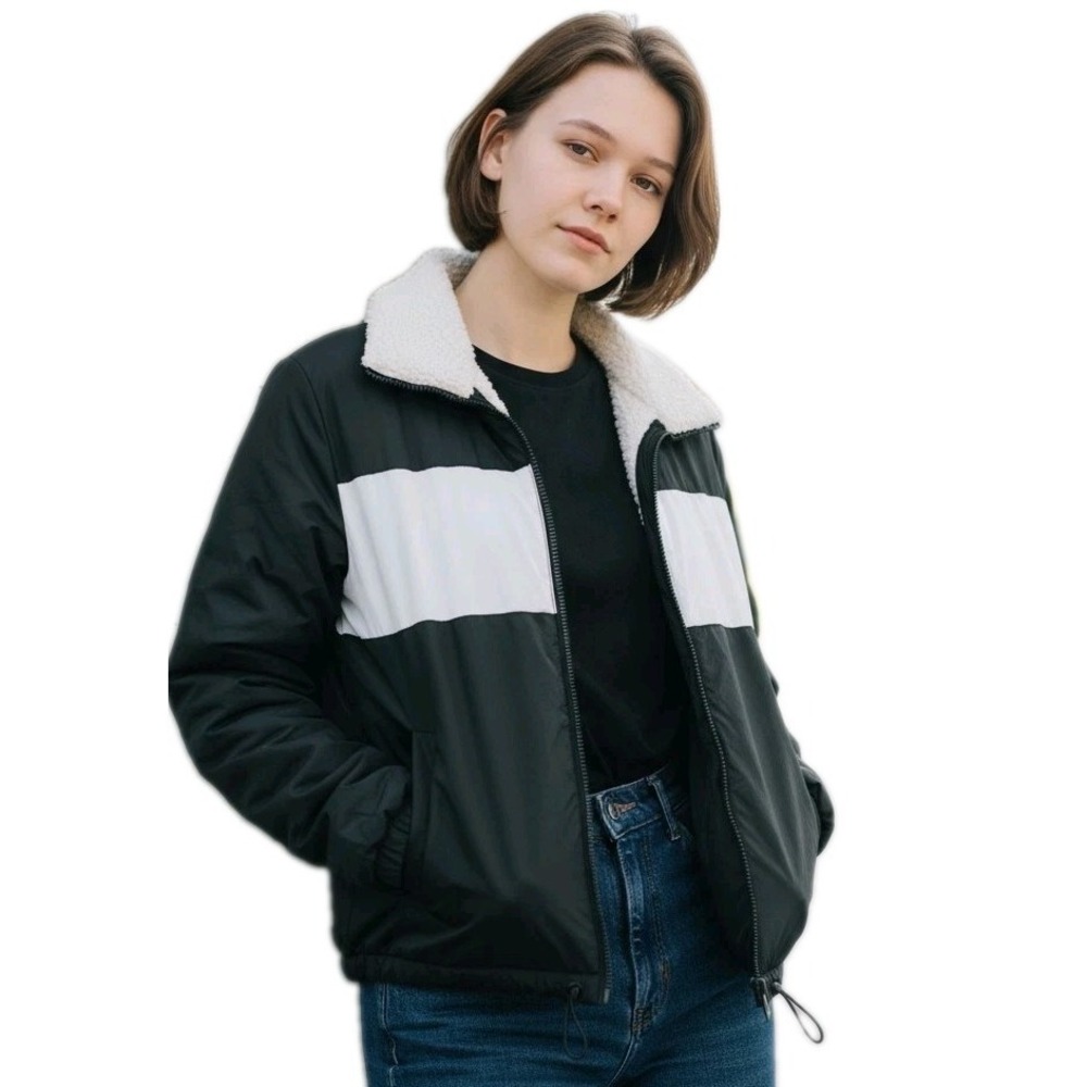 Hollister Colorblock Sherpa Puffer Cropped Hooded Windbreaker Grunge Preppy SZ M